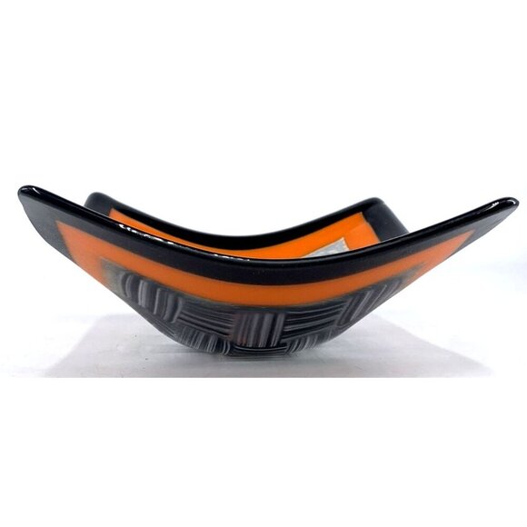 Fused Art Glass Bowl Candy Trinket Dish Black Orange 7 x 7" Unsigned - Picture 6 of 8